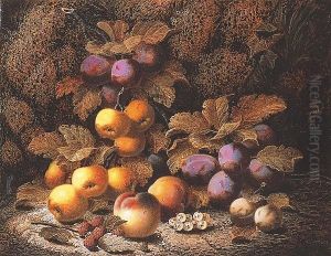 Plums, Apples, Peaches, Raspberries White Currants And Greengages by Oliver Clare