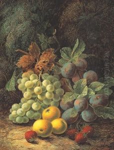Green Grapes, Plums, Apples And Strawberries Against A Mossy Bank