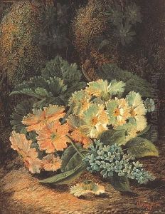 Spray Of White Flowers And Lilac Against A Mossy Bank by Oliver Clare