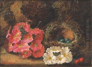Pink And White Flowers And Two Red Berries By A Bird's Nest Against A Bank by Oliver Clare