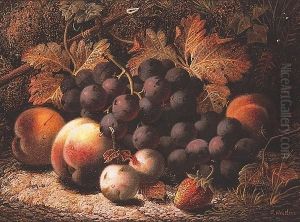 Black Grapes, Peaches, Greengages And A Strawberry Against A Mossy Bank by Oliver Clare