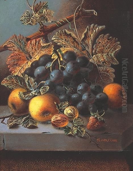 Green Grapes, Plums, Raspberries And A Peach On A Stone Ledge - view 1