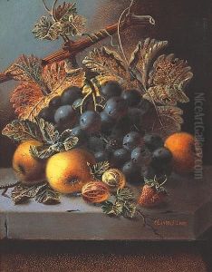 Green Grapes, Plums, Raspberries And A Peach On A Stone Ledge by Oliver Clare