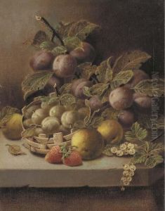 Plums, Apples, Strawberries, And
Whitecurrants With Greengages In Awicker Basket On A Stone Ledge by Oliver Clare