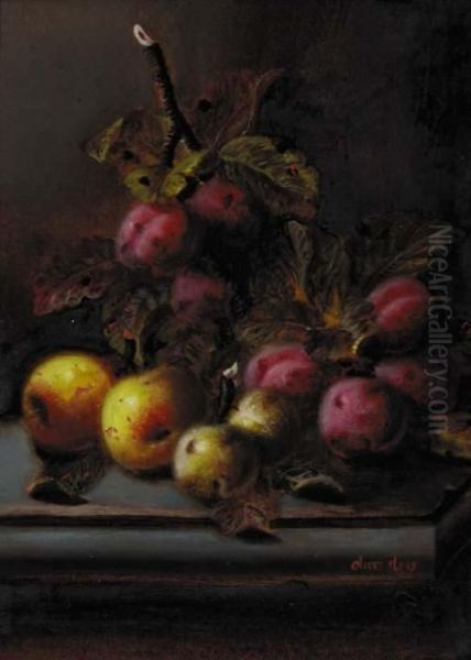 Plums And Apples On A Ledge - view 1