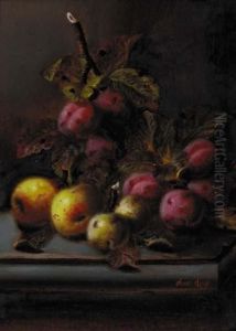 Plums And Apples On A Ledge by Oliver Clare