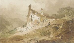A Figure On A Bridge Below Cottages, Wales by John Sell Cotman