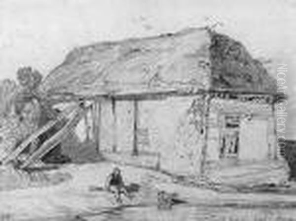 East Winch, Norfolk; A Man And A Dog By A River With A Barnbeyond - view 1