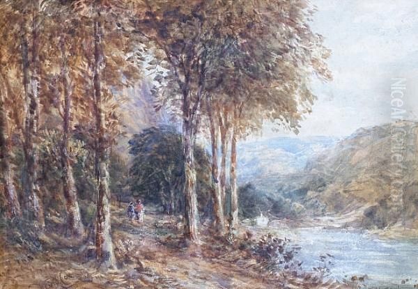 Figures On A Riverside Woodland Path - view 1