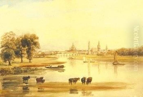 Attributed To. Cattle Grazing By The River Elbe, A View Of Dresden Beyond - view 1