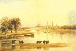 Attributed To. Cattle Grazing By The River Elbe, A View Of Dresden Beyond