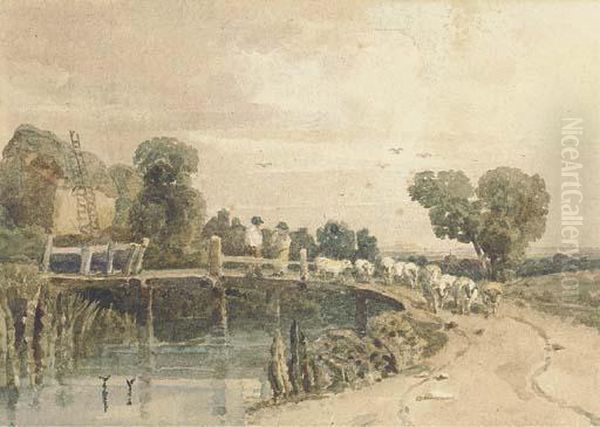 Shepherd And Flock On A Bridge, Near Newark - view 1