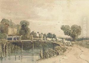 Shepherd And Flock On A Bridge, Near Newark by Peter de Wint