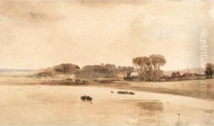 Boats On A River With Cottages On A Wooded Bank Beyond Boats On A River With Cottages On A Wooded Bank Beyond