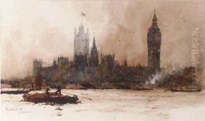 The Houses Of Parliament, From The River Thames by Charles Edward Dixon
