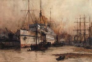 The P. & O. Liner Medina At The Quayside In Her Royal Yacht Livery by Charles Edward Dixon