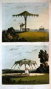 Two ornate covered garden seats from Repository of Arts, by Ackermann, 1822 by John Buonarotti Papworth
