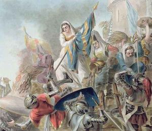 Jeanne Laisne Raises a Standard Against the Men of Bourgogne, engraved by Morret fl. 1790-1820 1787