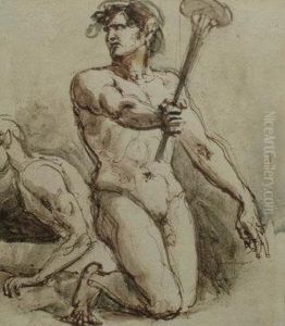 Ra -- Study Of A Man Holding An 
Instrument; Pen And Brown Ink With Watercolour Wash, 10x8.5cm