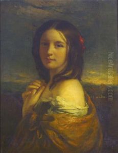 R.a. Portrait Of A Young Girl,
Head And Shoulders, Wearing A Cream Dress And Red Shawl, Together With
Red Flower Decorating Her Hair, An Extensive Landscape Beyond Inscribed
With The Artist's Name And His Dates On An Old Label Verso, Together
With by William Etty