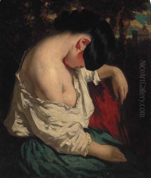 A Female Resting In A Wooded Landscape With A Tower Beyond - view 1