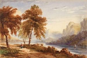 A Mountain River Landscape With A Figure And Cattle by Anthony Vandyke Copley Fielding