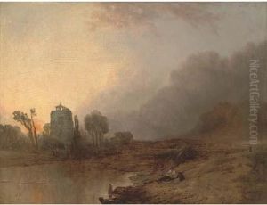 A Rest By The Wayside, Sunset by Anthony Vandyke Copley Fielding