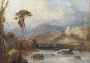 Figures On A Bridge, With Ruins Beyond