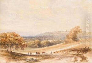 Farmers And Cattle In A Landscape With A Cottage And Windmill Beyond by Anthony Vandyke Copley Fielding