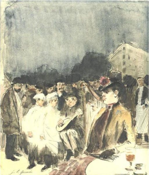 Musiciens Ambulants Devant La Terrasse D'un Cafe - view 1