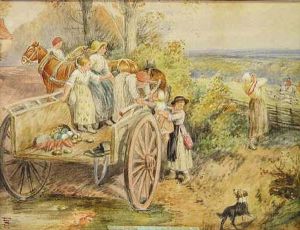 "watching The Fox Hunt". Monogrammed L/l. Watercolor On Cardboard. Measuring 6" By 8"