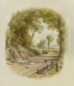 A Country Road With Shepherd Resting With His Sheep By A Spring by Myles Birket Foster