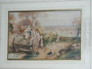 The Hunt Followers, A Busy Summer Scene With Figures And Vegetable Cart by Myles Birket Foster