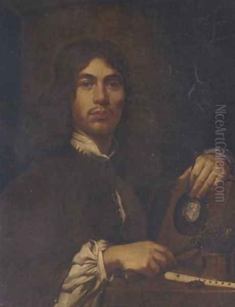 Portrait of an artist holding a hammer and chisel before an intaglio oval portrait bust of a classical figure, with a pot of chisels and a flute on a table, 1662 - view 1