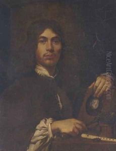 Portrait of an artist holding a hammer and chisel before an intaglio oval portrait bust of a classical figure, with a pot of chisels and a flute on a table, 1662