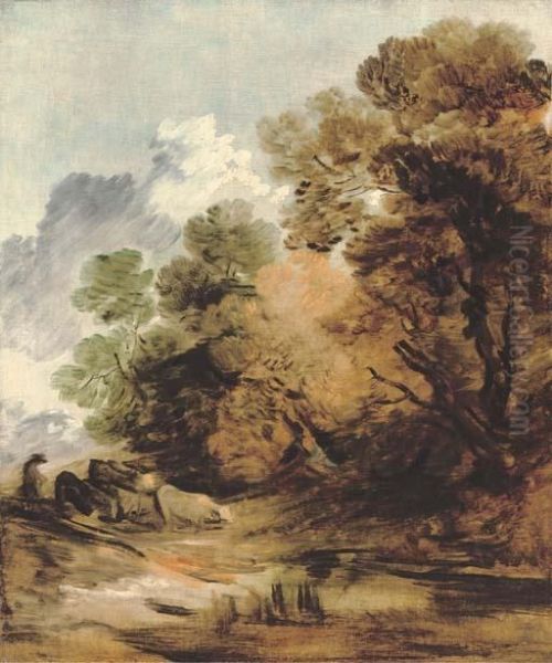 Wooded Landscape With A Herdsman Driving Cattle Towards A Pool - view 1