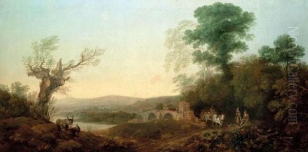 River Landscape With Travellers
Resting On The Edge Of A Wood A Horse Drawn Cart
Before A Bridge And Donkeys On A Bank - view 1