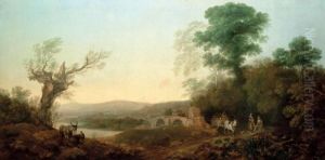 River Landscape With Travellers 
Resting On The Edge Of A Wood A Horse Drawn Cart
 Before A Bridge And Donkeys On A Bank by Thomas Gainsborough