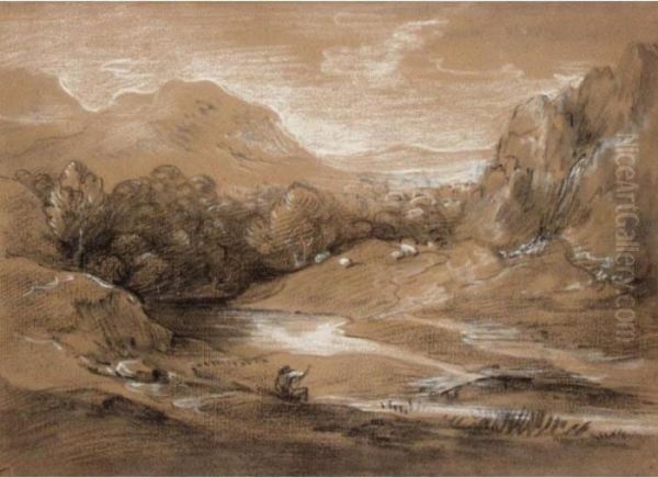 Mountain Landscape With Figure, Sheep And Stream - view 1