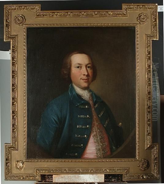Portrait Half Length Of A
Gentleman Wearing A Blue Coat And A Pink Waistcoat, Holding A Tricorn
Hat Under His Arm - view 1