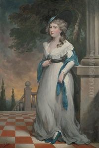 Portrait Of A Lady Full Length, Standing On A Terrace, Holding A Miniature by Thomas Gainsborough