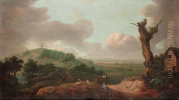 An Extensive Landscape With Farmers Resting With Their Flock Of Sheep - view 1