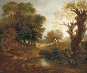 A Wooded Landscape With Figures, A Cottage And Pool by Thomas Gainsborough