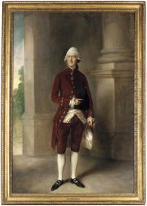 Portrait Of Sir Charles Gould, 
Full-length, In A Brown Coat And Breeches And A White Waistcoat, Holding
 A Tricorn In His Right Hand, His Left Hand On The Hilt Of A Sword, In 
An Architectural Interior With A Column On A Plinth