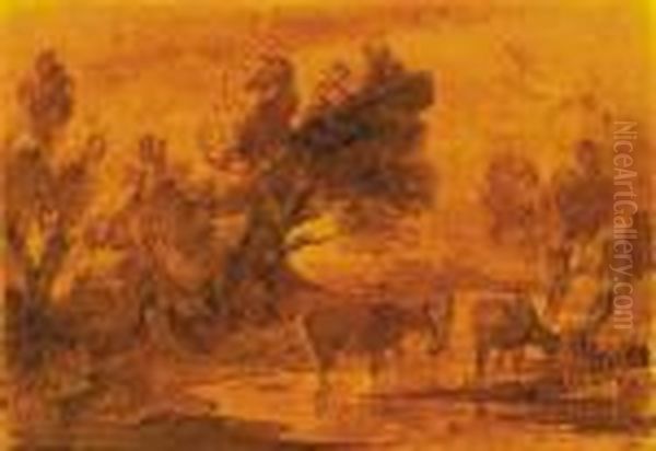 Cattle Watering In A Wooded Landscape - view 1