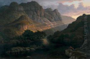 Sunset, A Mountainous Lake Landscape With A Boy Fishing by John Glover