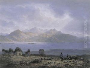 Shepherds With A Flock And A Ruin On The Banks Of A Lock With Distant Mountains