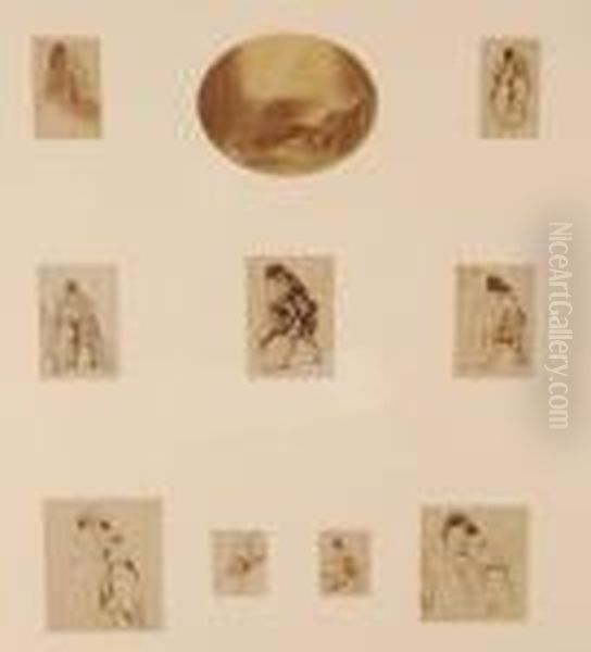 Frederick Goodall , 9 Miniature
Pen And Ink Figure Study Sketches Including "the Soldiers Return",
Mounted In Single Frame, Largest Sketch 3.5" X 3" - view 1