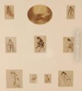 Frederick Goodall , 9 Miniature
Pen And Ink Figure Study Sketches Including "the Soldiers Return",
Mounted In Single Frame, Largest Sketch 3.5" X 3" by Frederick Goodall