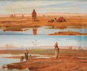 Bedoins Et Leurs Chameaux Au Bord De La Riviere - Femmes Bedouines Revenant Du Puits by Frederick Goodall